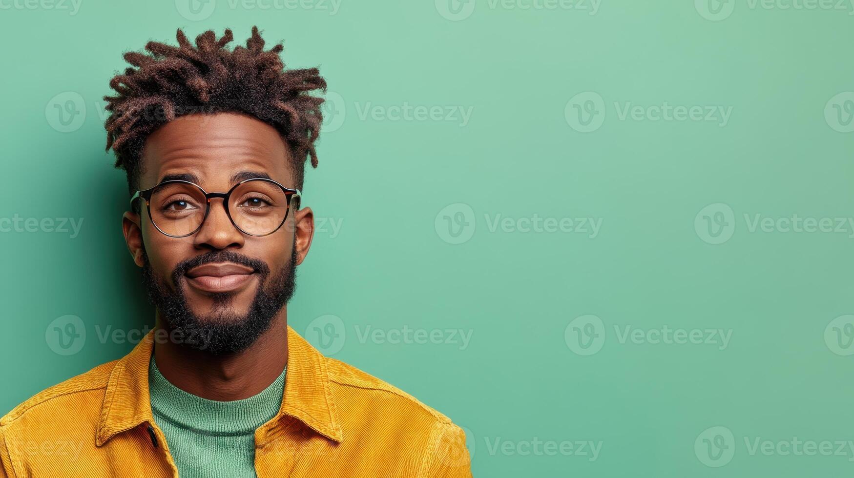 Young man with stylish hair and glasses smiling in front of a vibrant green background during a sunny day photo