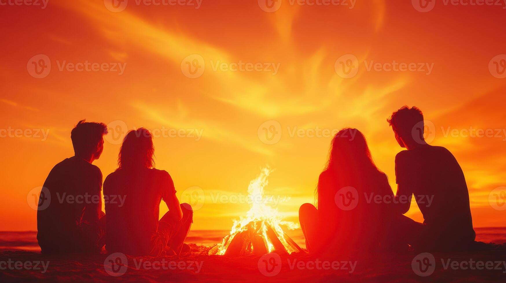 Friends gather around a campfire at sunset on the beach, enjoying conversation and warmth during a memorable evening gathering by the ocean photo