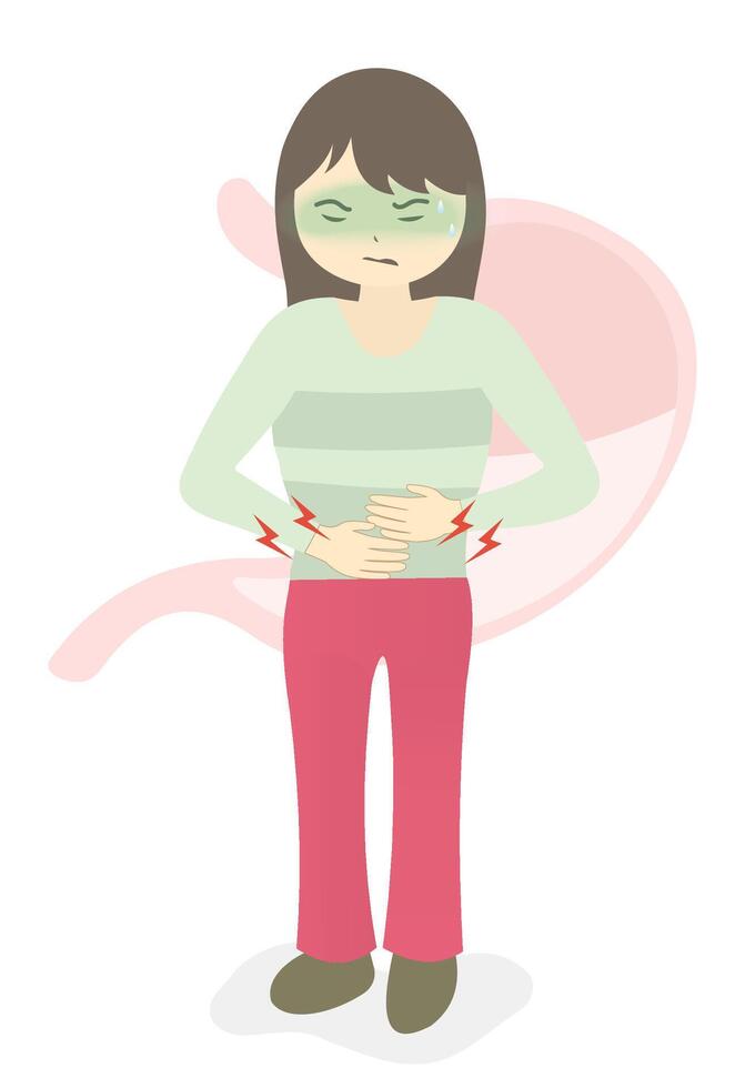 A girl holds her hand over her aching stomach. vector