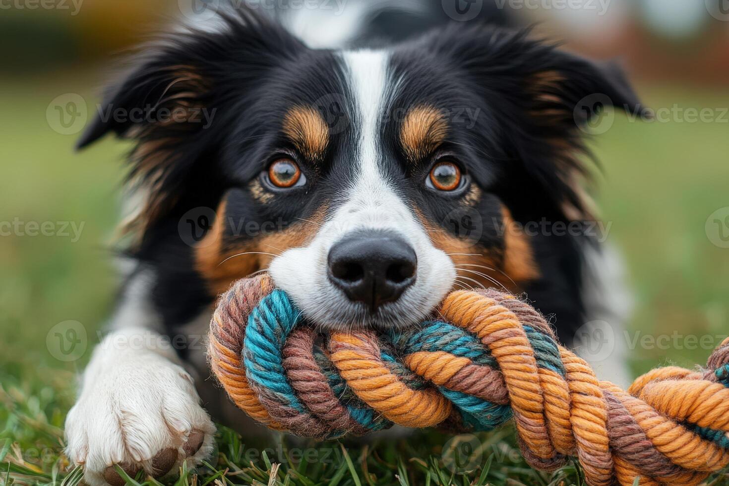 A dog playing with a rope toy photo