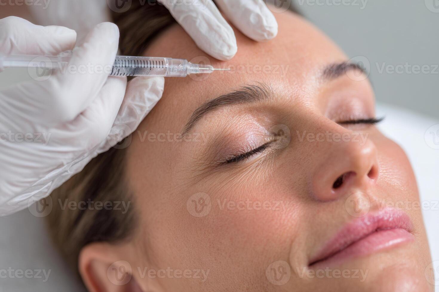 Beautician injecting botox into forehead of middle-aged woman for facial rejuvenation photo