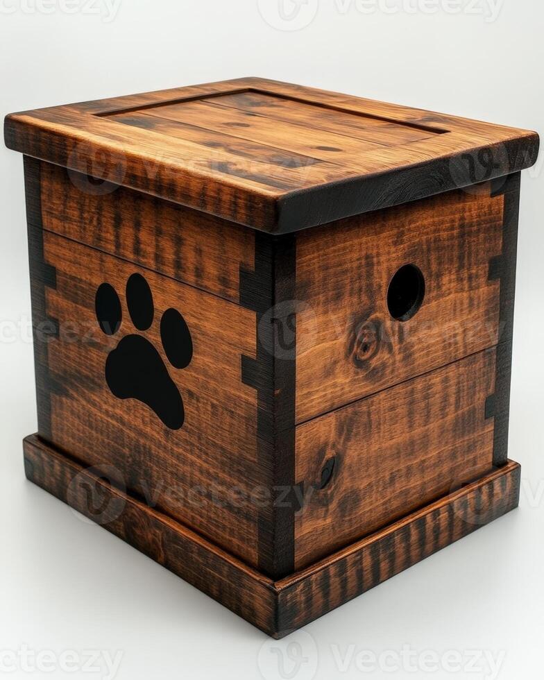 A wooden box with a paw print on it photo