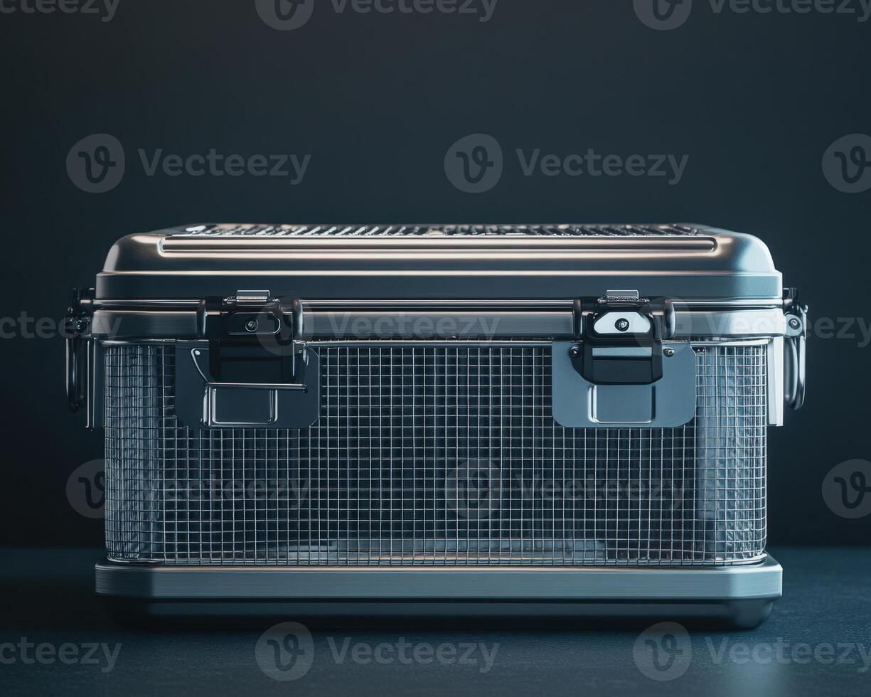 A metal box with a mesh lid on a dark background photo