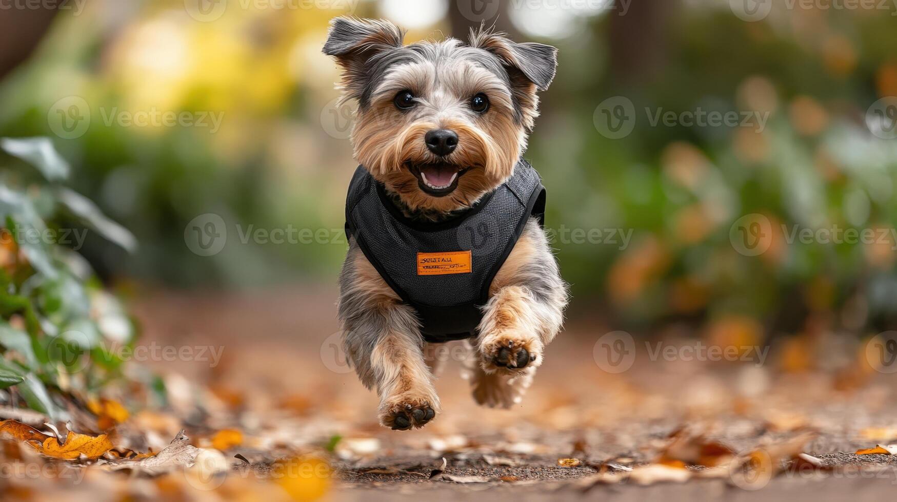 A dog wearing a vest running through leaves photo
