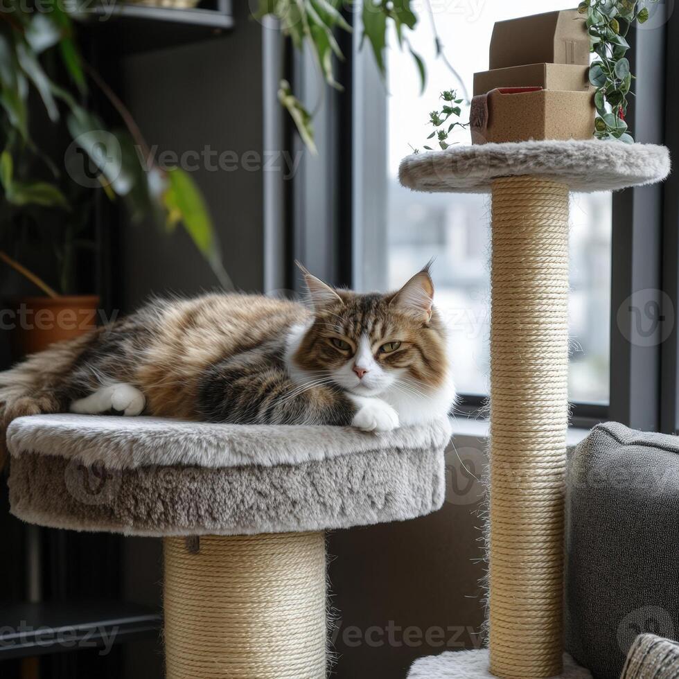 Cat lounging on a fluffy cat tree photo