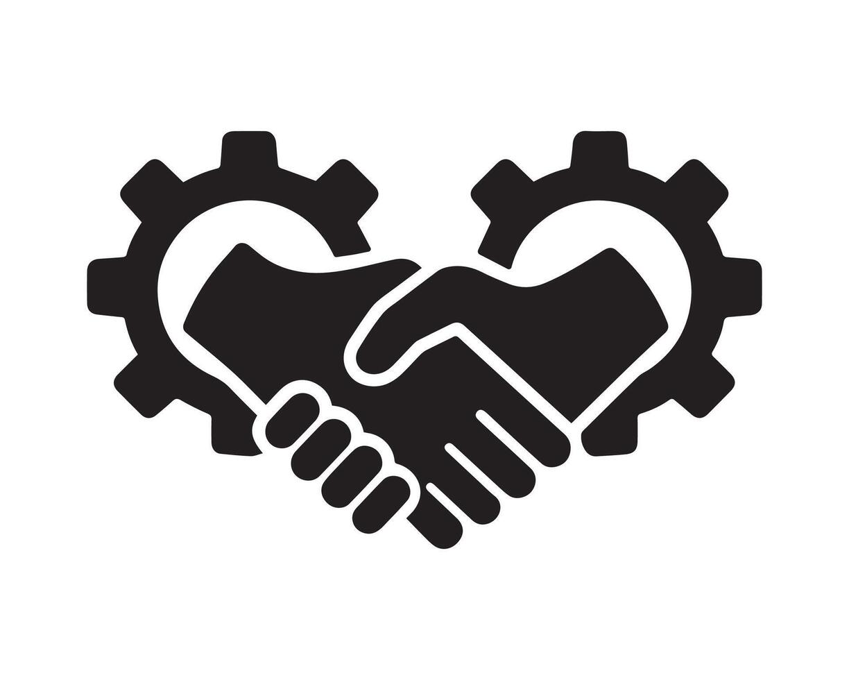Two gears forming a heart shape with a handshake inside silhouette vector