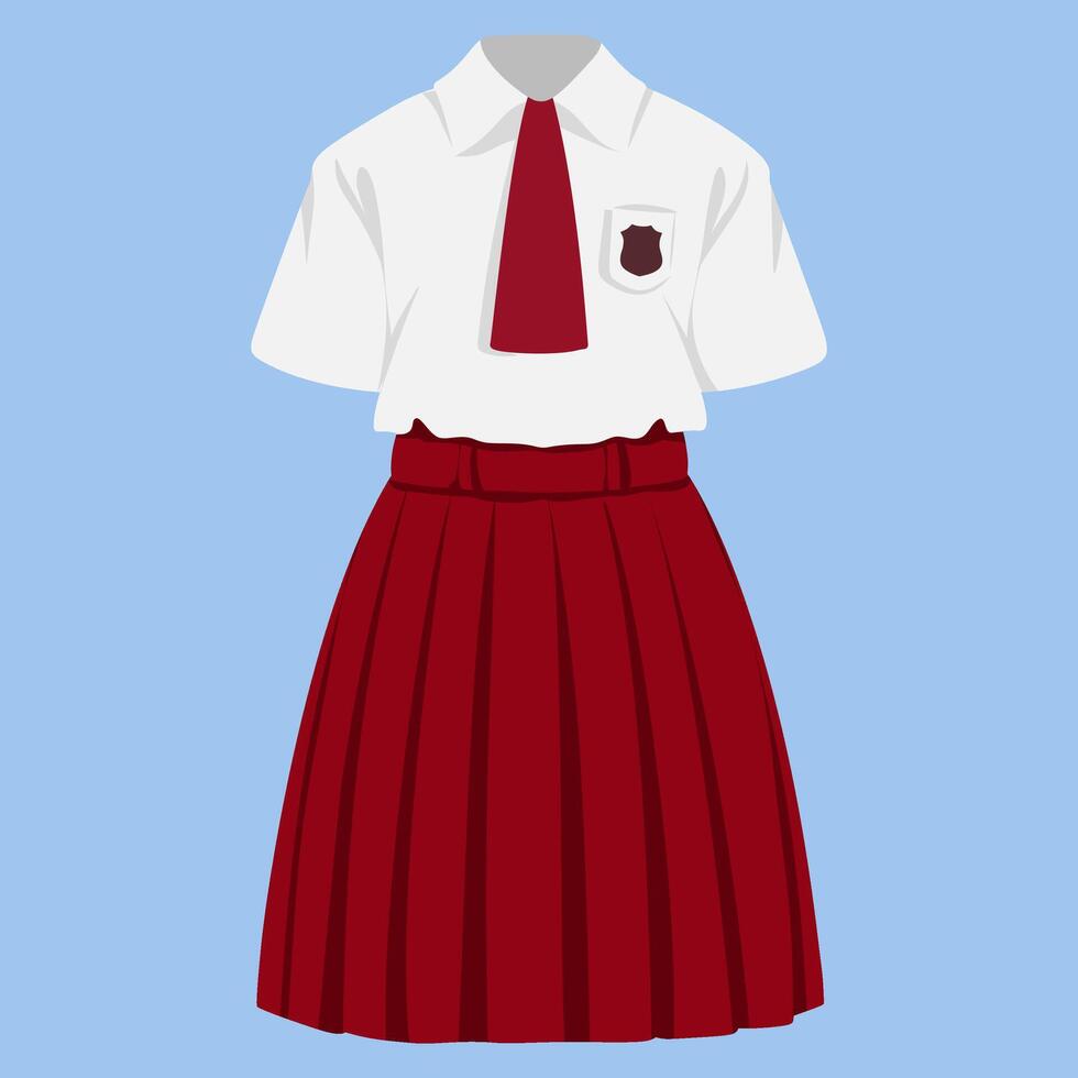 Indonesian Elementary School Girl Uniform Illustration, Red Skirt and White Shirt on blue background vector