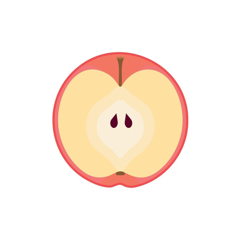 Flat illustration of red apple slice with seeds. Perfect for food labels, packaging, kids books, healthy eating posters, menu design, and organic product branding. vector