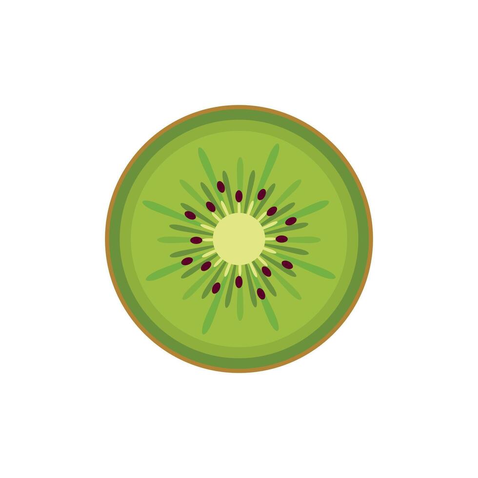 Flat kiwi slice with seeds and texture. Bright tropical fruit icon for juice labels, exotic packaging, healthy diet promotions, kids books, or smoothie menu designs. vector