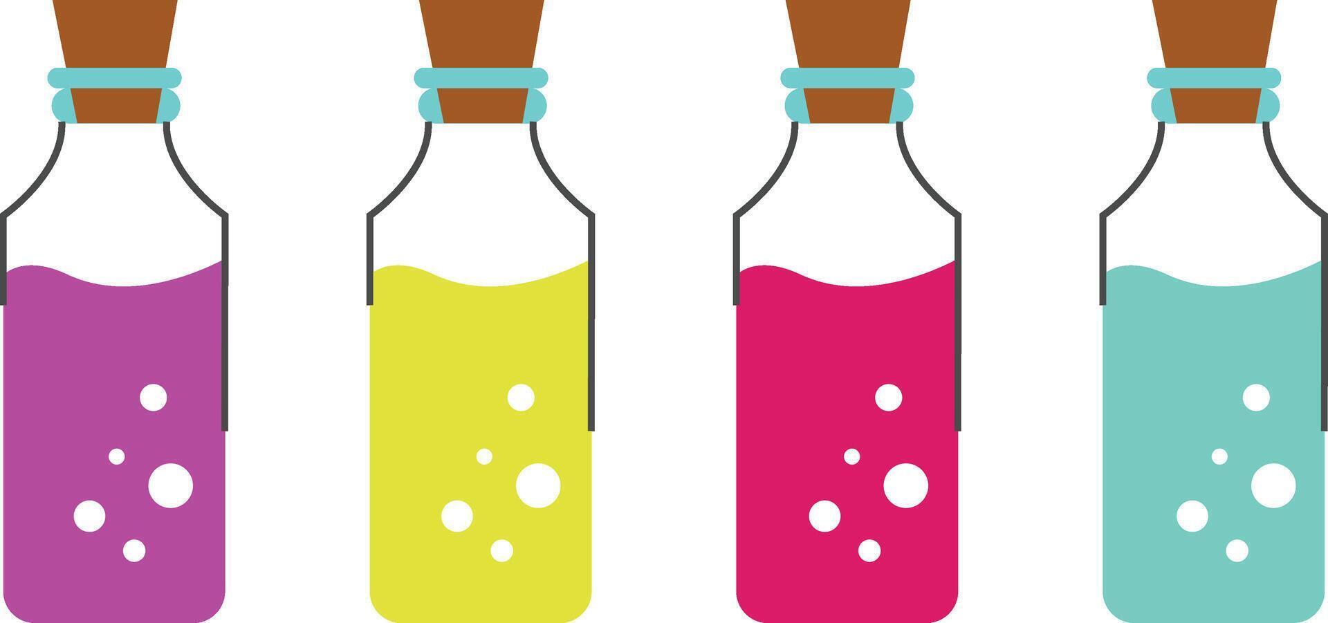 Set of Colorful Magic Potion Bottles, Fantasy Elixirs, Alchemy Ingredients, Witchcraft Elements, Game UI Icons, Halloween and Magical Design Assets, illustration vector