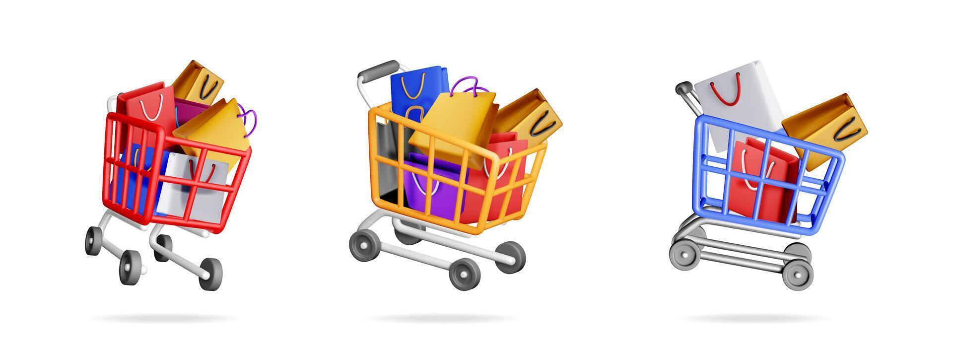 Three colorful shopping carts with items vector