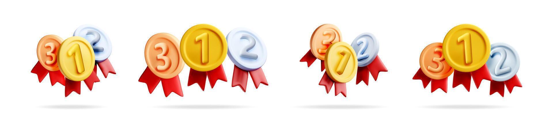 Set of 3d gold, silver, and bronze medal icons with red ribbon. Award for competition winner, achievement reward concept. vector
