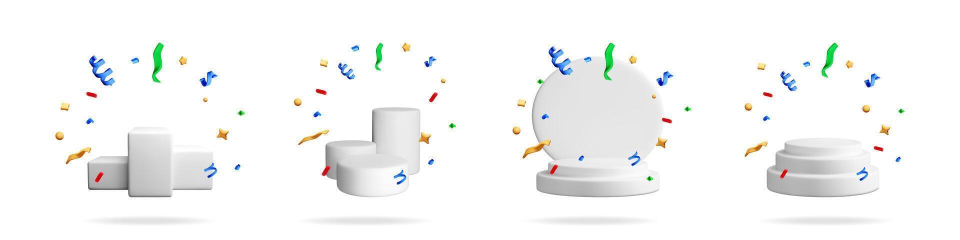 3d render of white podium displays with confetti vector