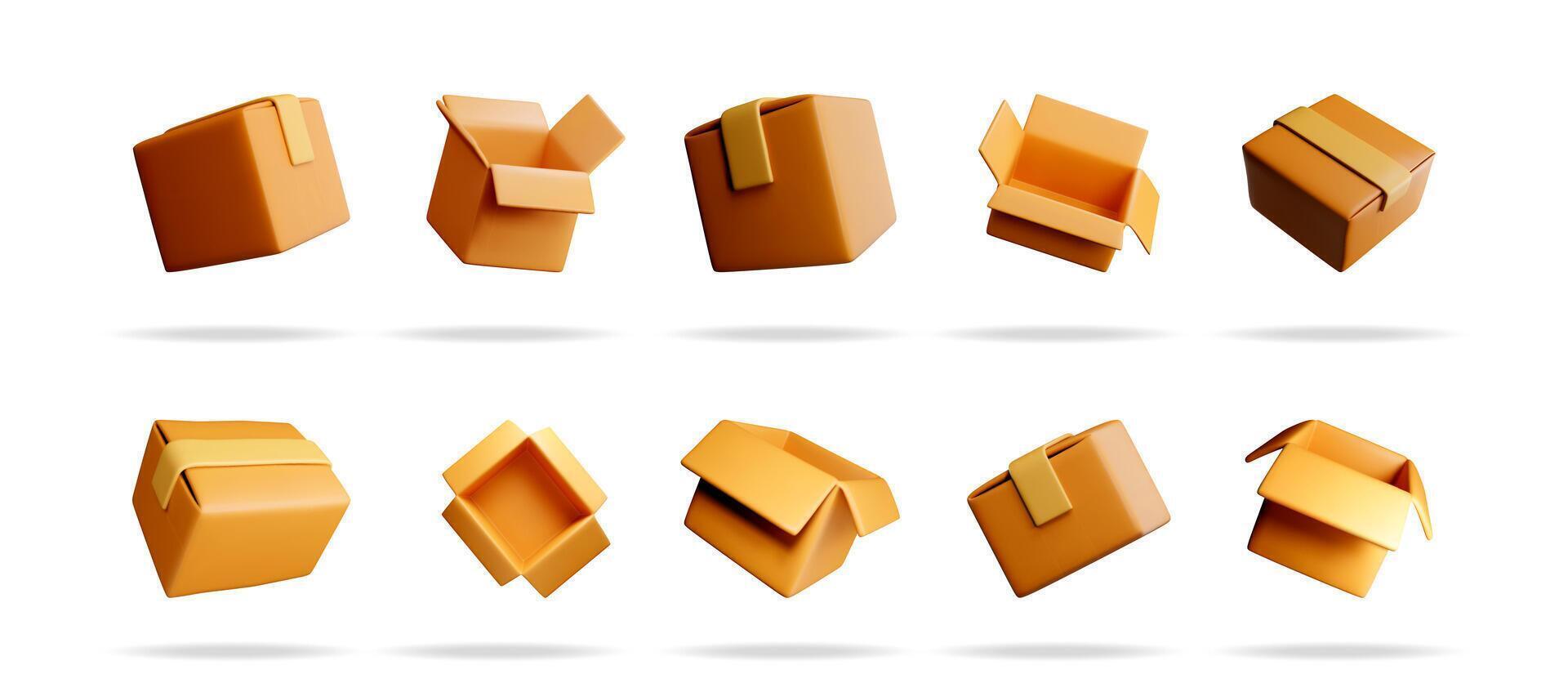 Set of 3d brown carton box vector