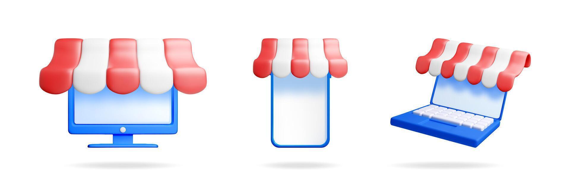 Online shopping concept with computer, smartphone, and laptop wearing red and white awnings for internet retail store. vector