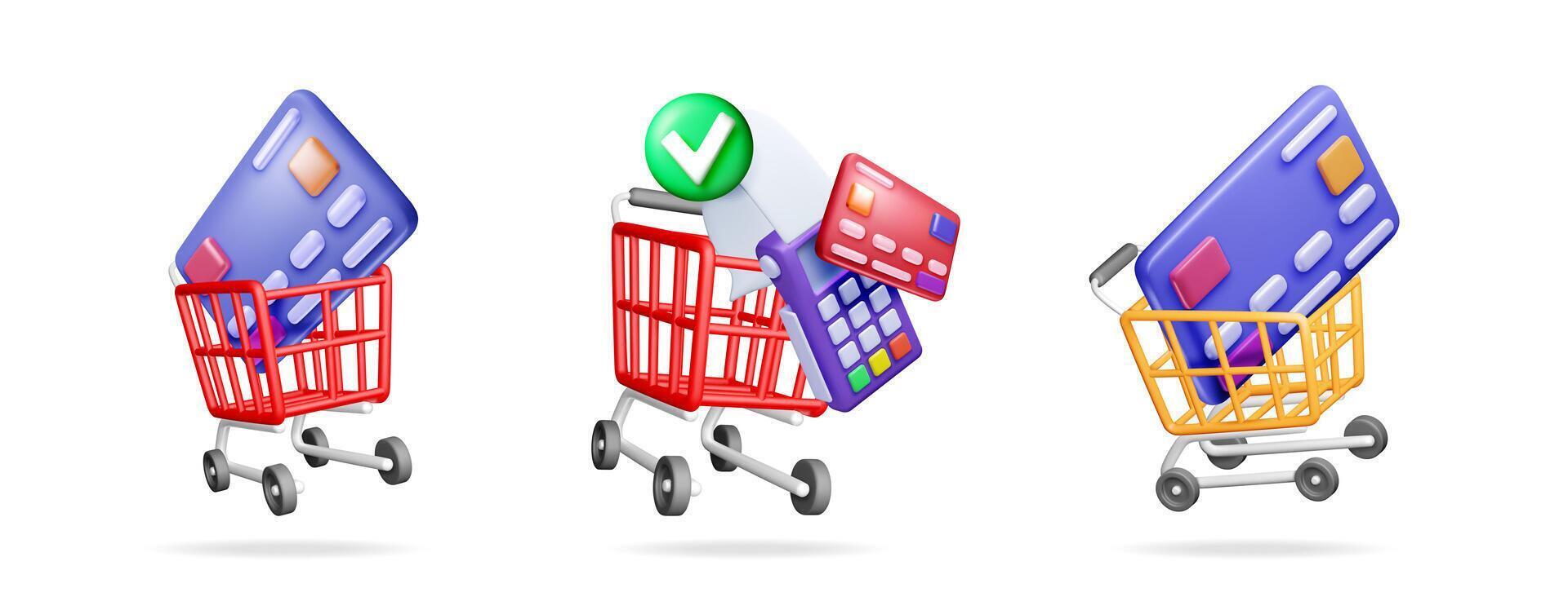 Set of 3d shopping cart, credit card. Online payment option for e-commerce. Purchase and commercial concept for web banner. vector