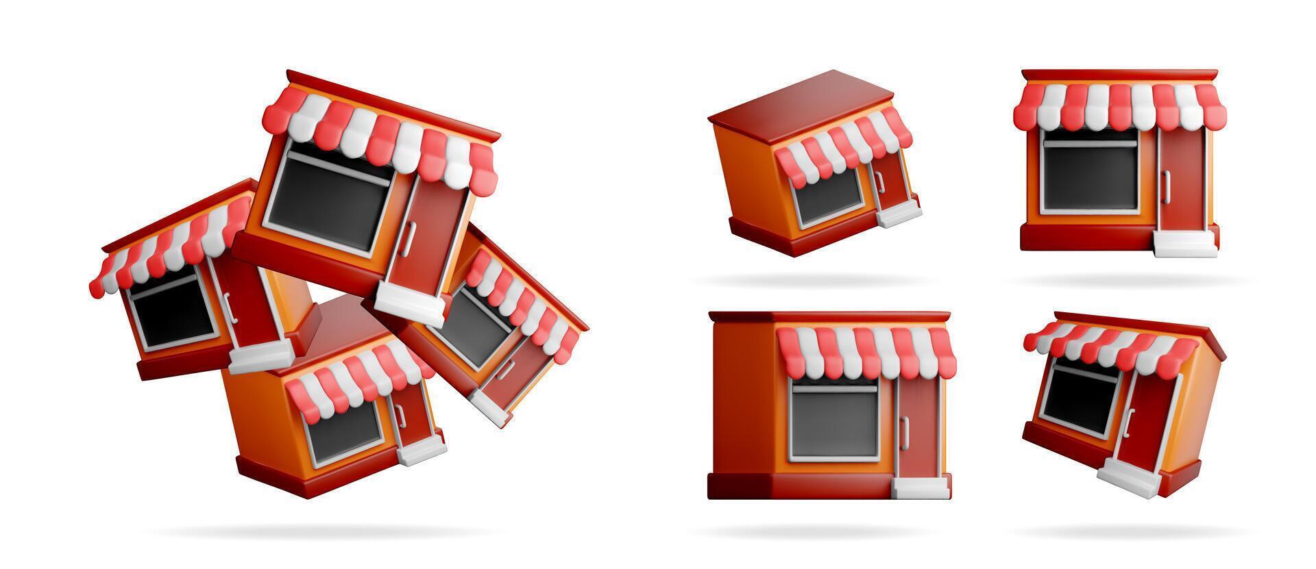 A collection of 3d shop icons with a red and white striped awning on a white background. Online shopping and small business concept. vector