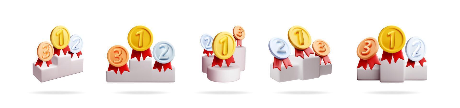 Set of 3d gold, silver, and bronze winning medals on podiums. Concept of success, achievement, and competition. For web design, awards. vector