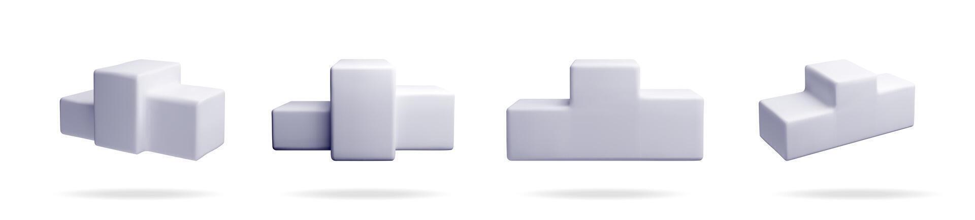 Four abstract gray 3d geometric shapes with rounded edges and soft shadows floating digitally on a white background for modern design vector