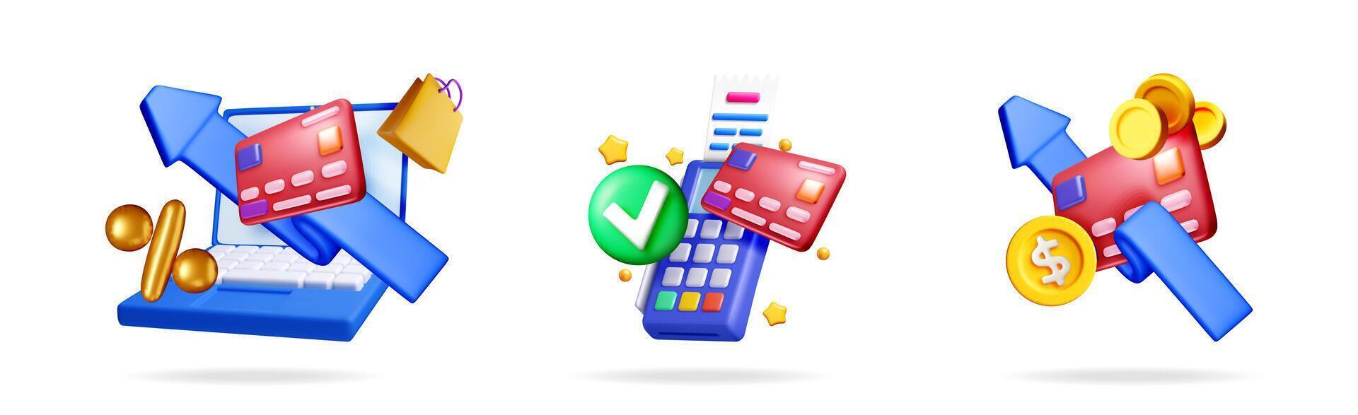 3d illustration set collection with online shopping, mobile payment, and financial growth concept for retail store. vector