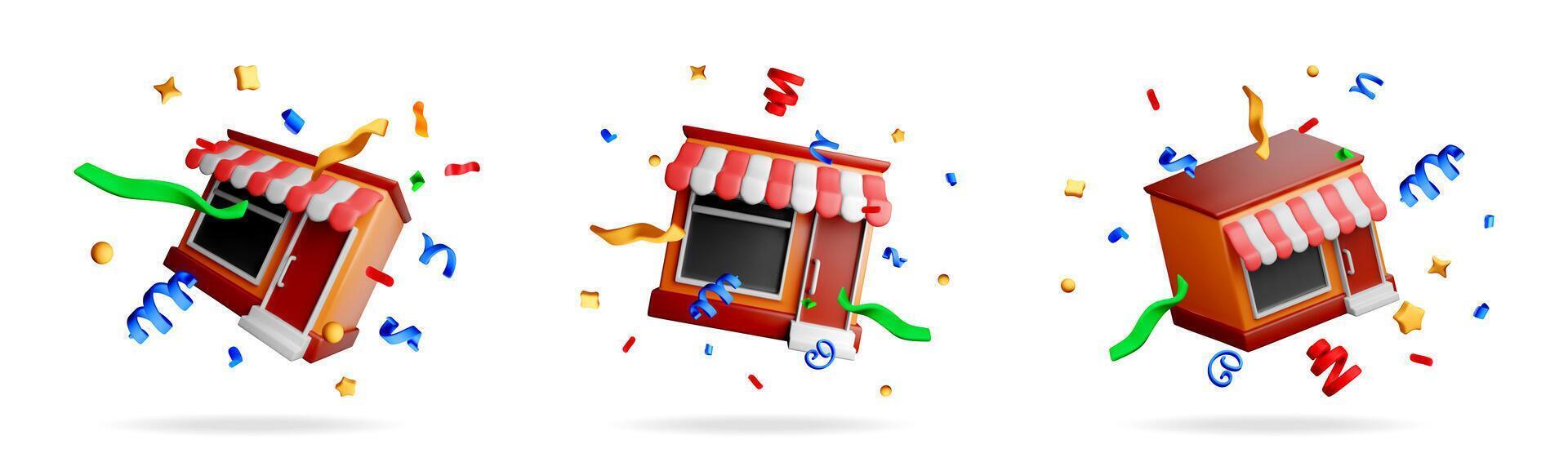 Set of 3d festive shop buildings with confetti vector