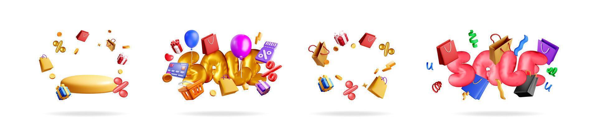 3d set of floating shopping elements vector