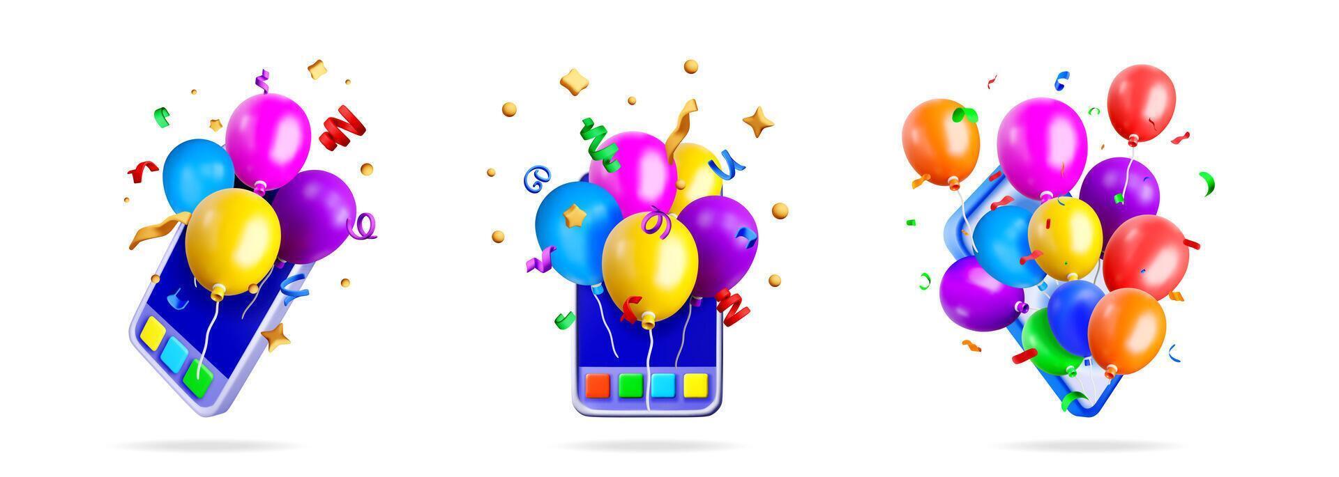 Colorful balloons fly out from mobile phone with confetti. Online celebration, party app, digital event, or greeting card concept. vector