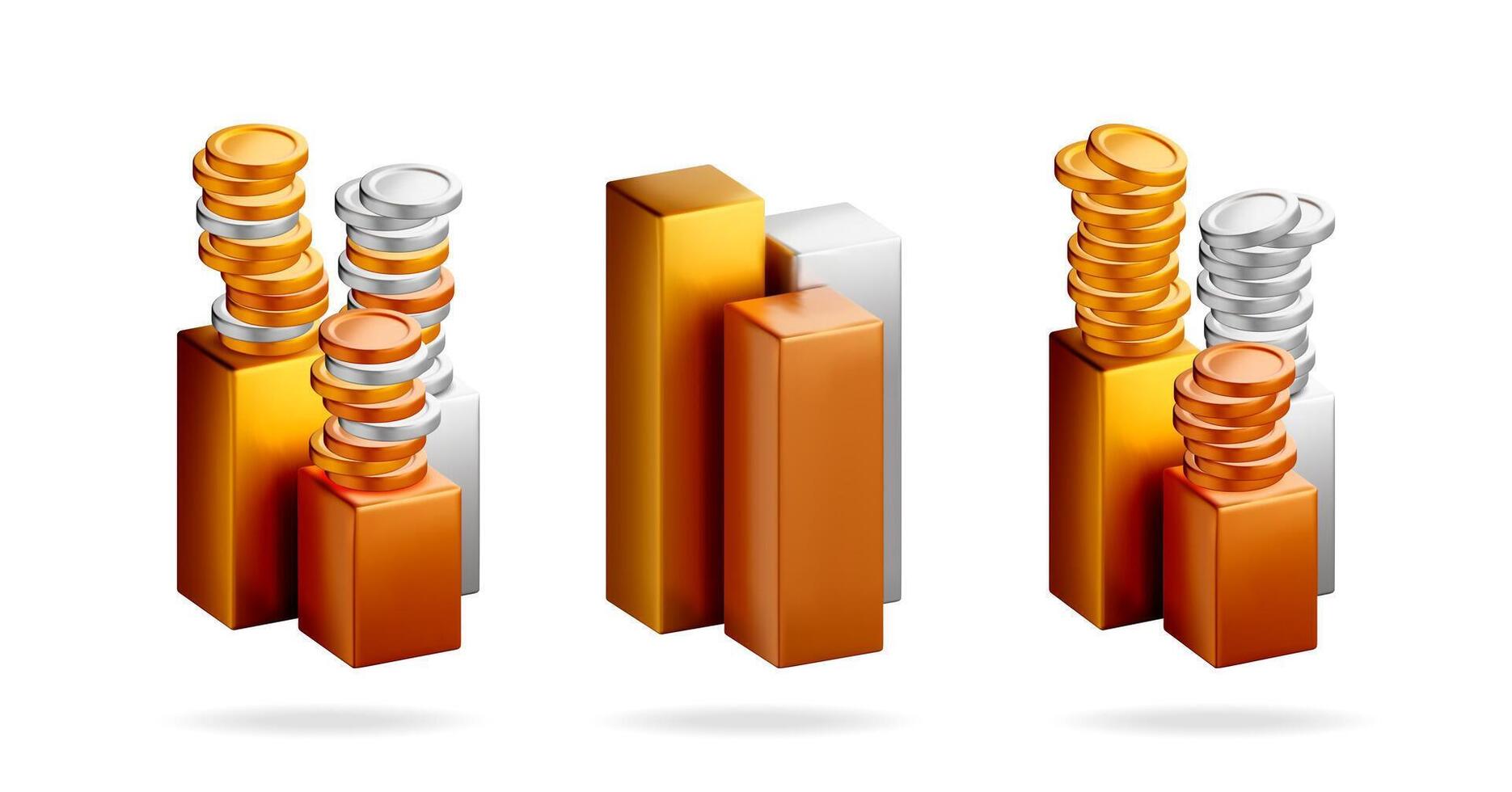 Gold, silver, and copper coins 3d bar vector