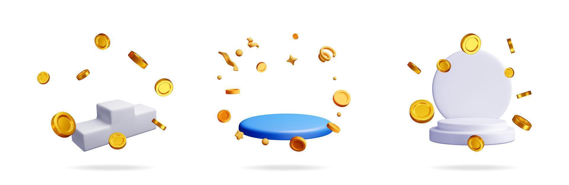 Stage podium with flying golden coins and confetti vector