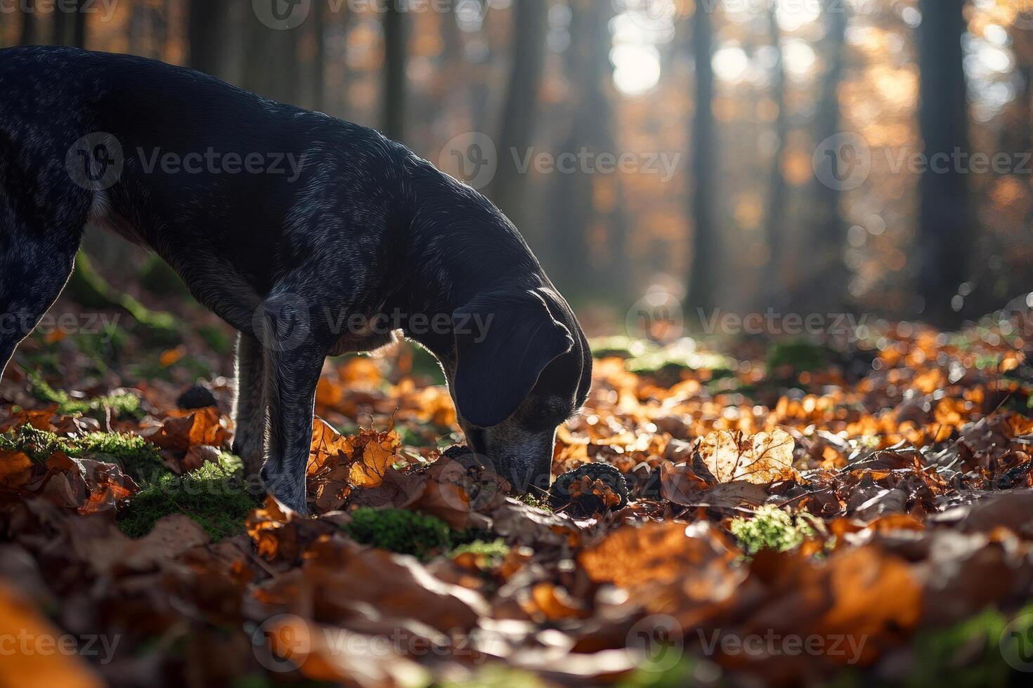 Hunting dog sniffing a truffle in the forest during autumn photo
