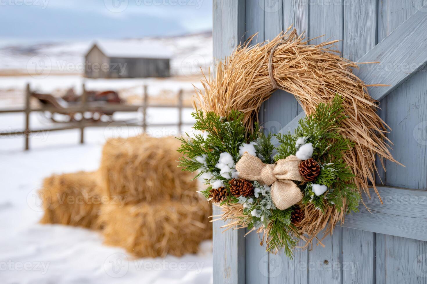 Christmas straw wreath hanging on a barn door with snowy rural winter landscape photo