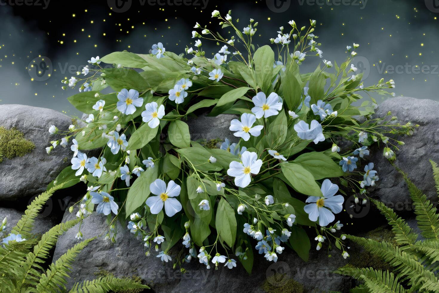 Wreath of forget-me-nots blooming on rocks at night with fireflies photo