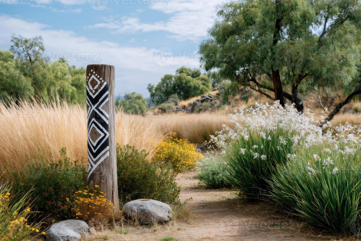 Wooden pole with tribal pattern standing in a botanical garden photo