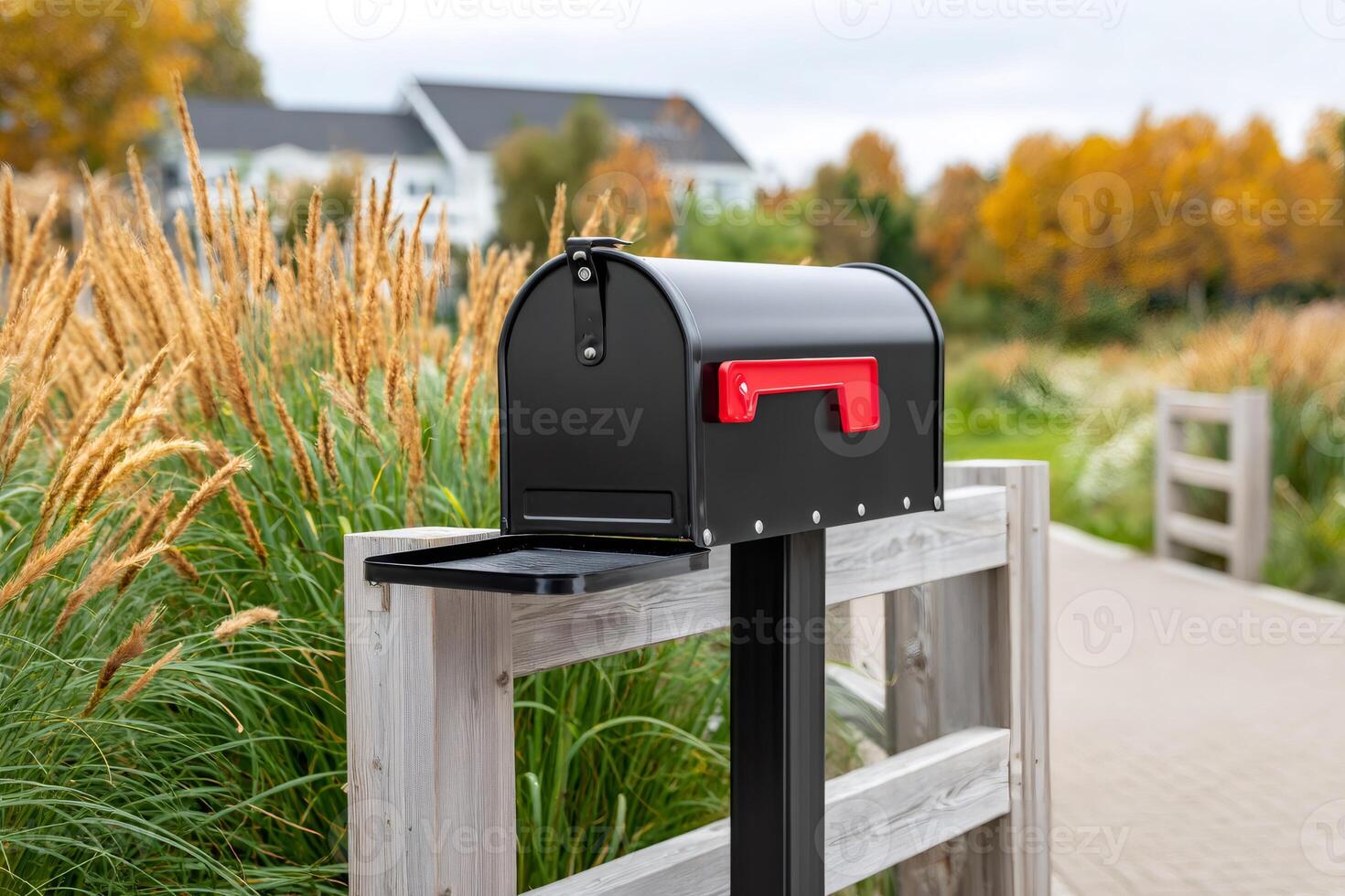 Black mailbox is standing near wooden fence in residential area photo