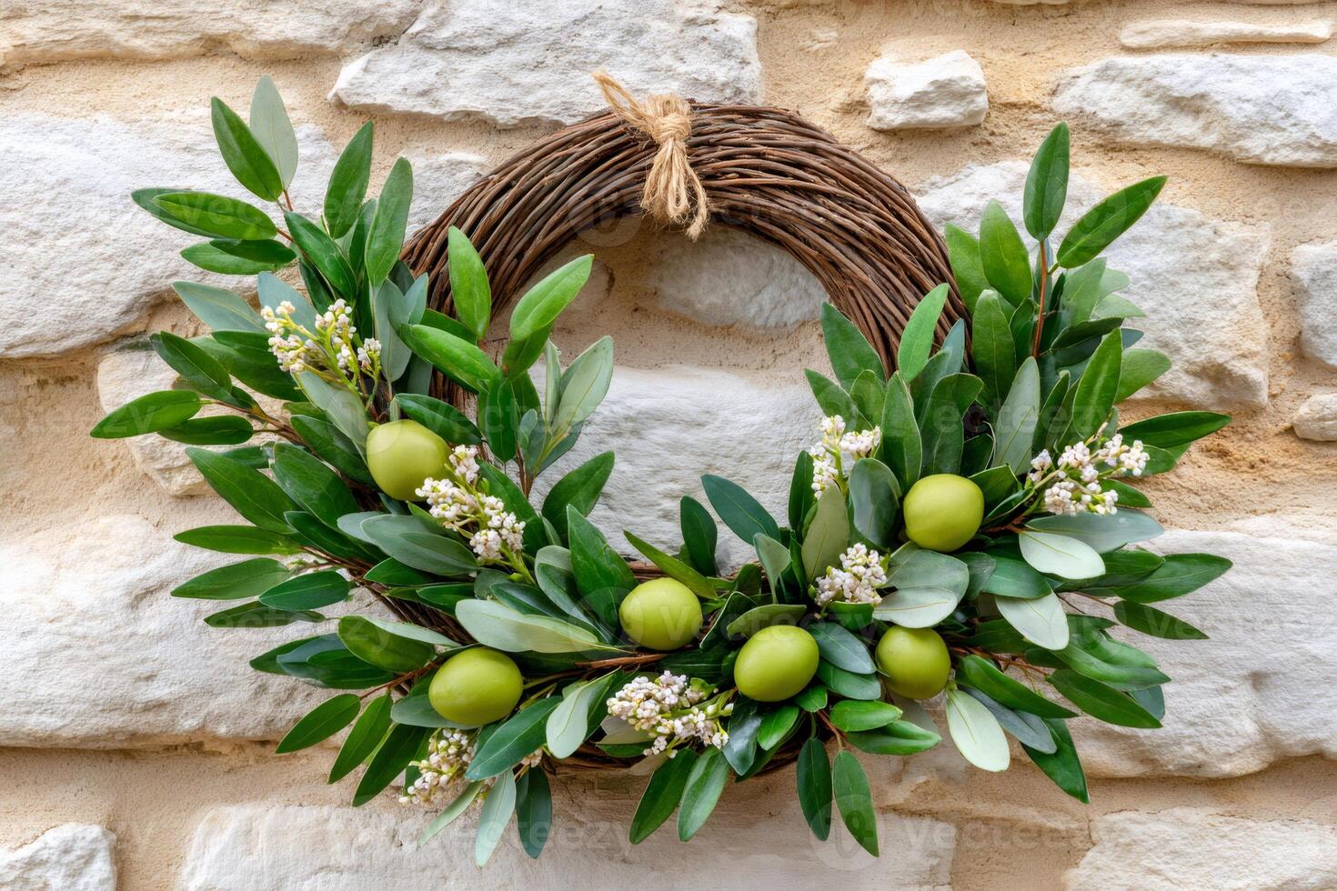 Decorative olive branch wreath hanging on a stone wall photo