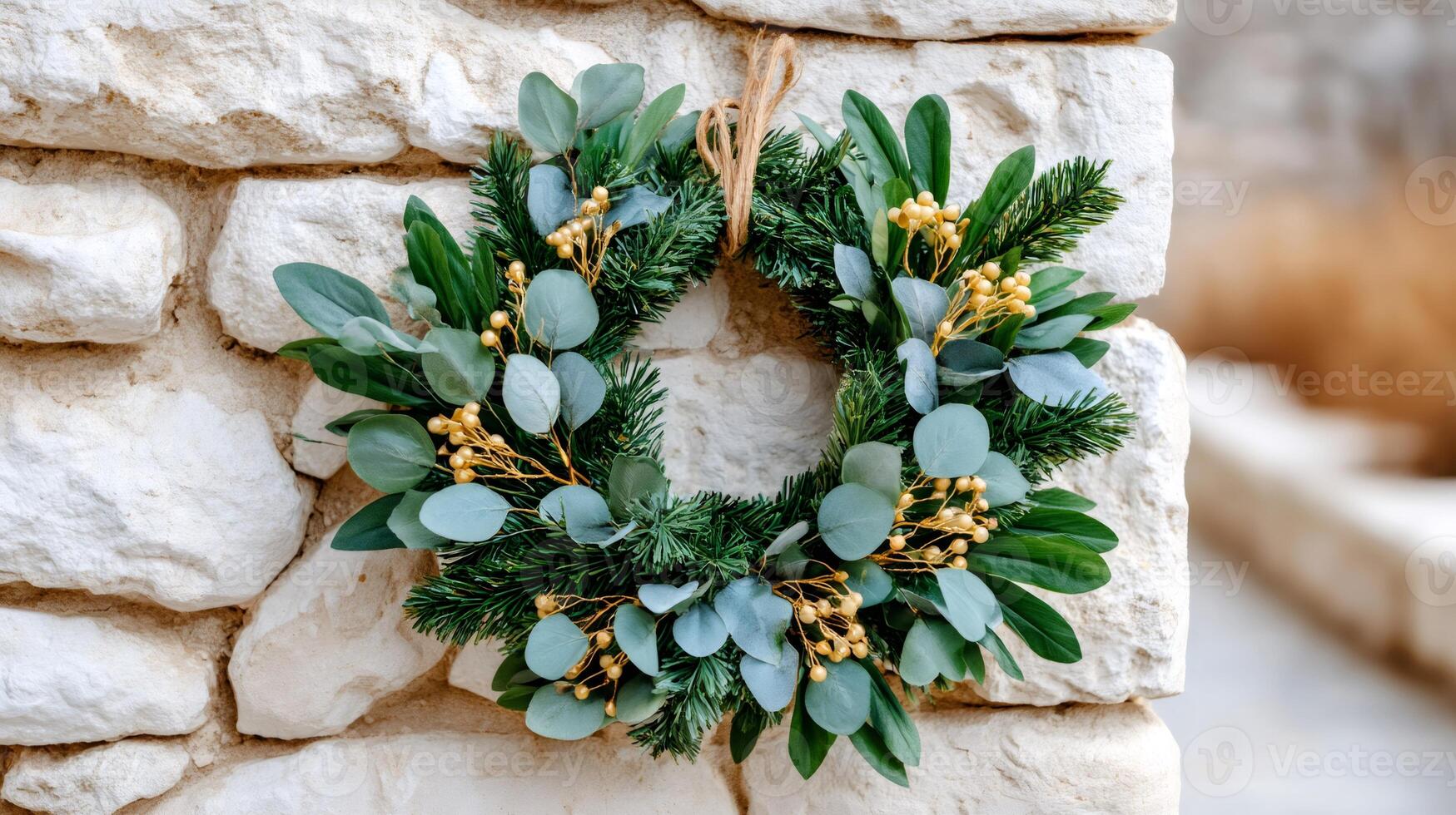 Christmas wreath with golden berries hanging on a white stone wall photo