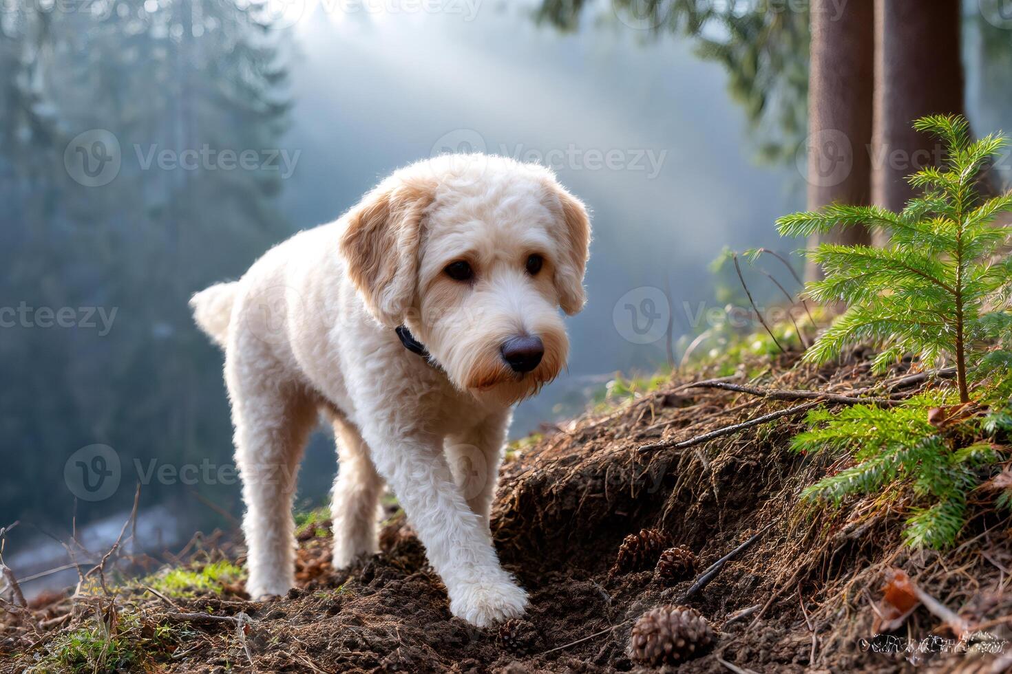 Adorable labradoodle puppy exploring forest ground in the morning mist photo