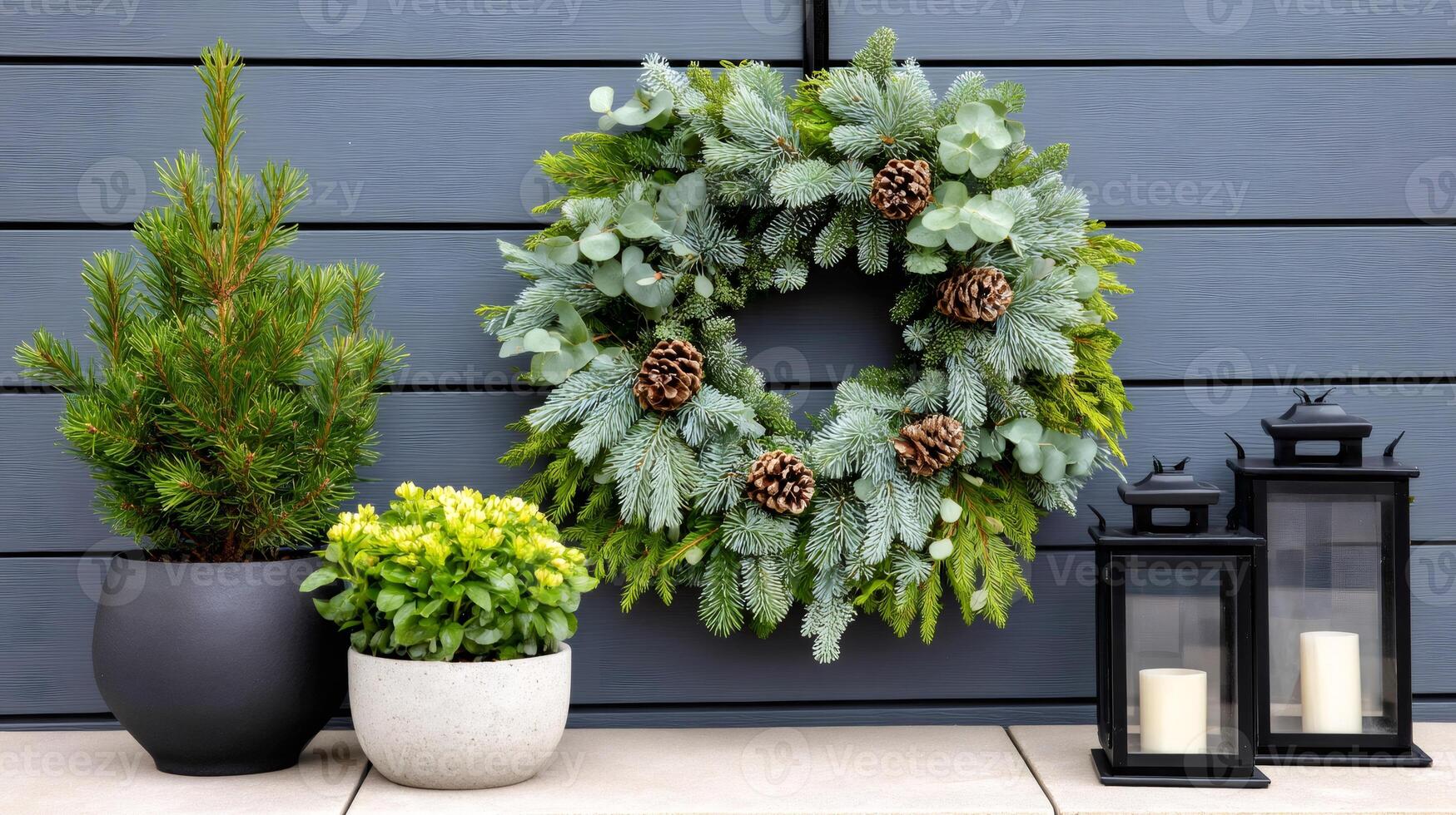 Outdoor christmas decoration with wreath, pine tree in pot and lanterns on gray wall photo