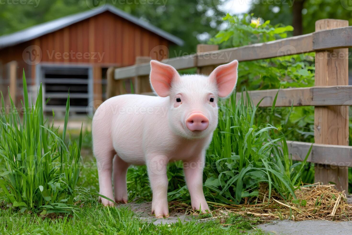 Cute piglet standing on grass in front of barn photo