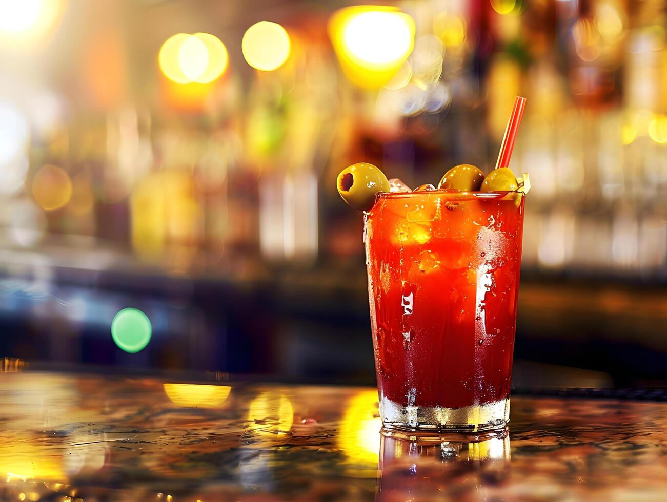 Bloody mary cocktail with garnish served on shiny bar counter photo