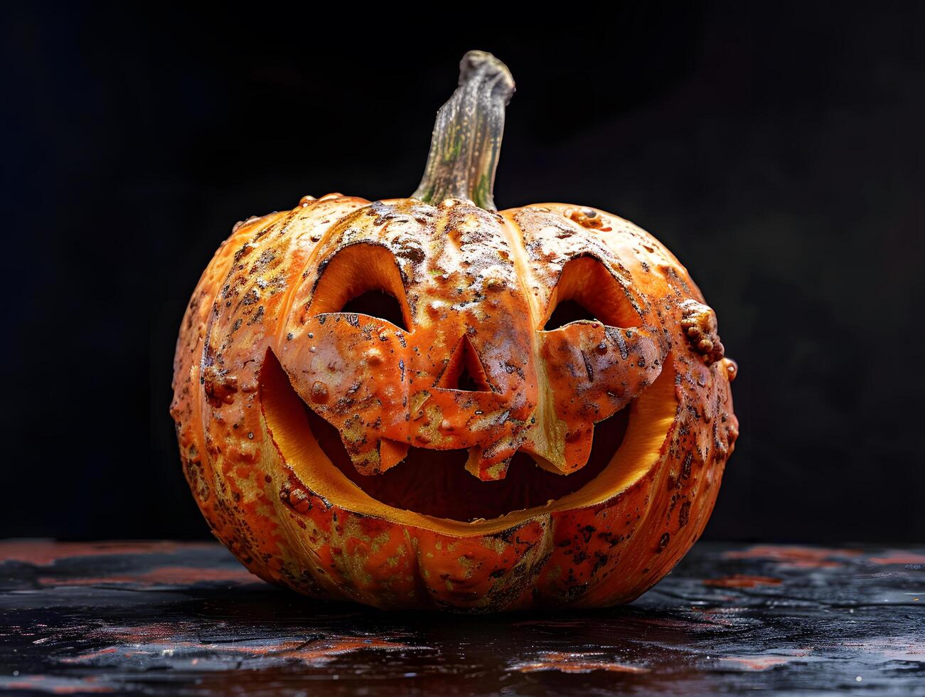 creepy rotting jack o lantern with sinister face on wooden surface photo