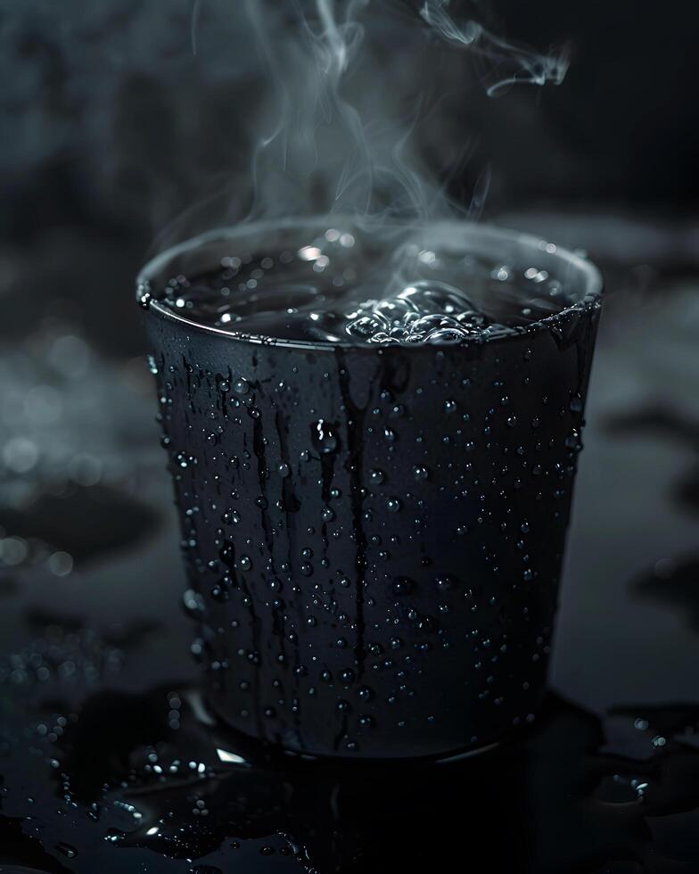 Steaming black coffee in a dark cup with water droplets on surface photo