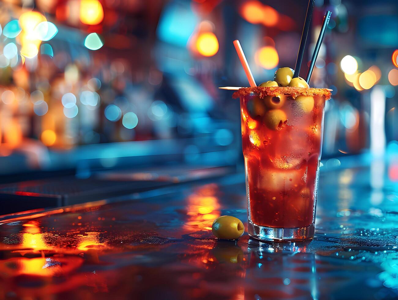 bloody mary cocktail with olives and straw under moody bar lights photo