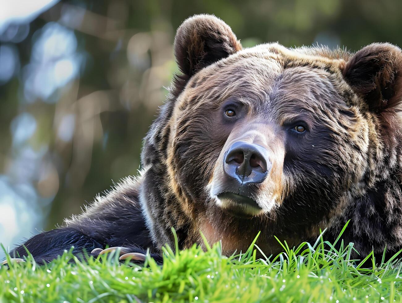 Grizzly bear resting on green grass in natural forest habitat photo