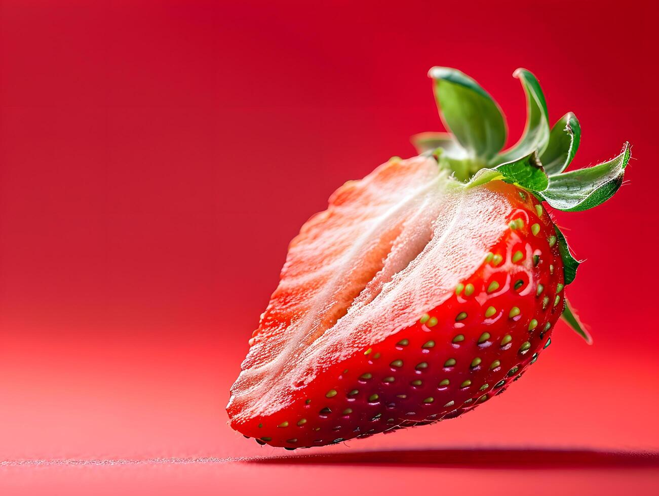 Single fresh strawberry cut in half on red background with green stem photo