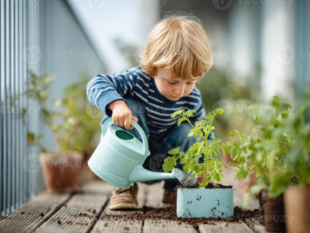 Child waters plants in a garden with joy on a sunny day while learning about nature and gardening skills photo