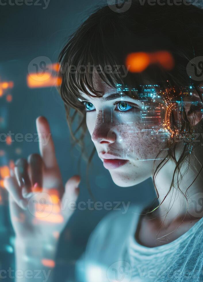 Young woman interacting with virtual interface displaying digital data in a futuristic environment photo