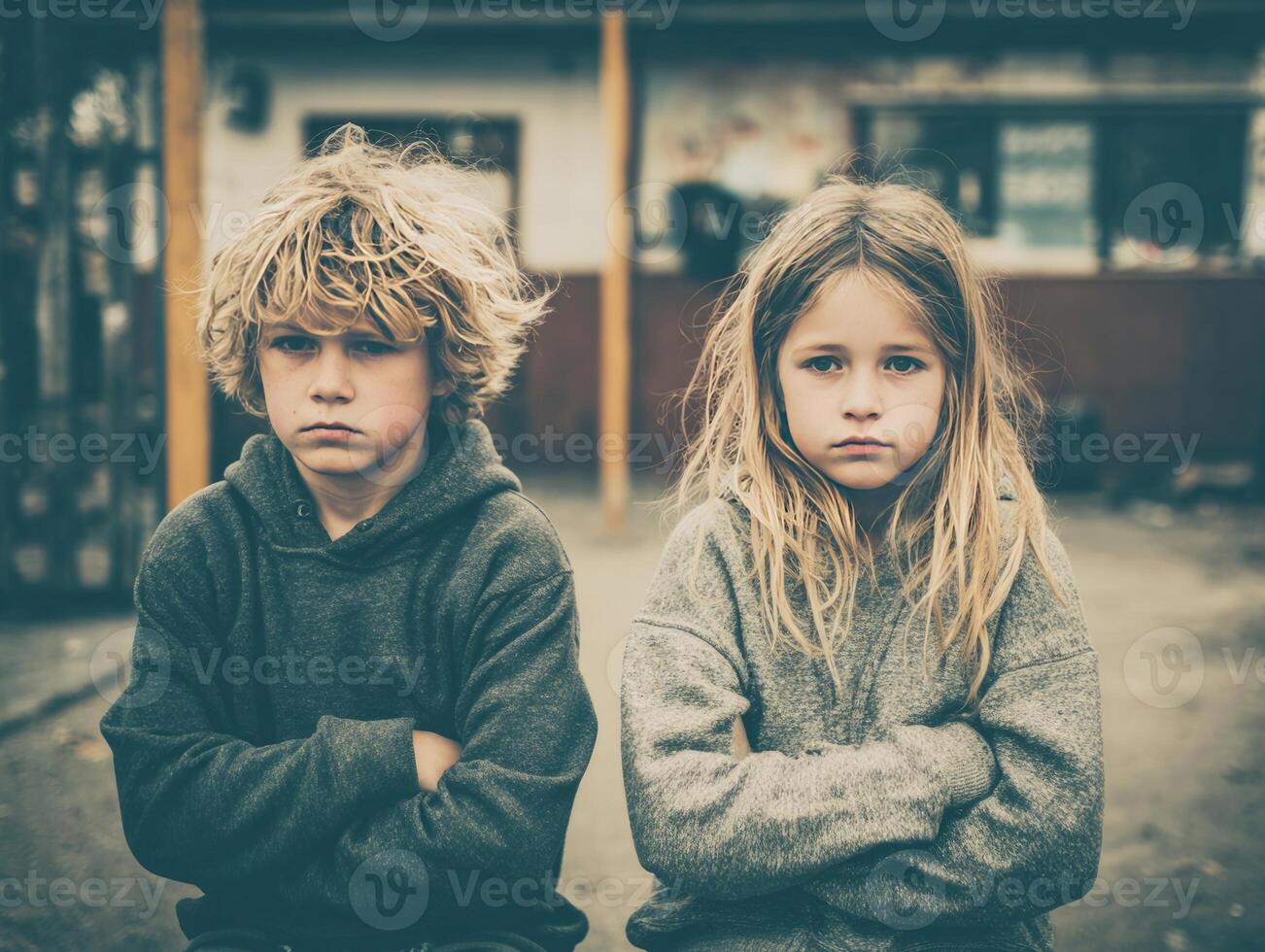 Two children with serious expressions sitting side by side outdoors in a playground during a cloudy day photo