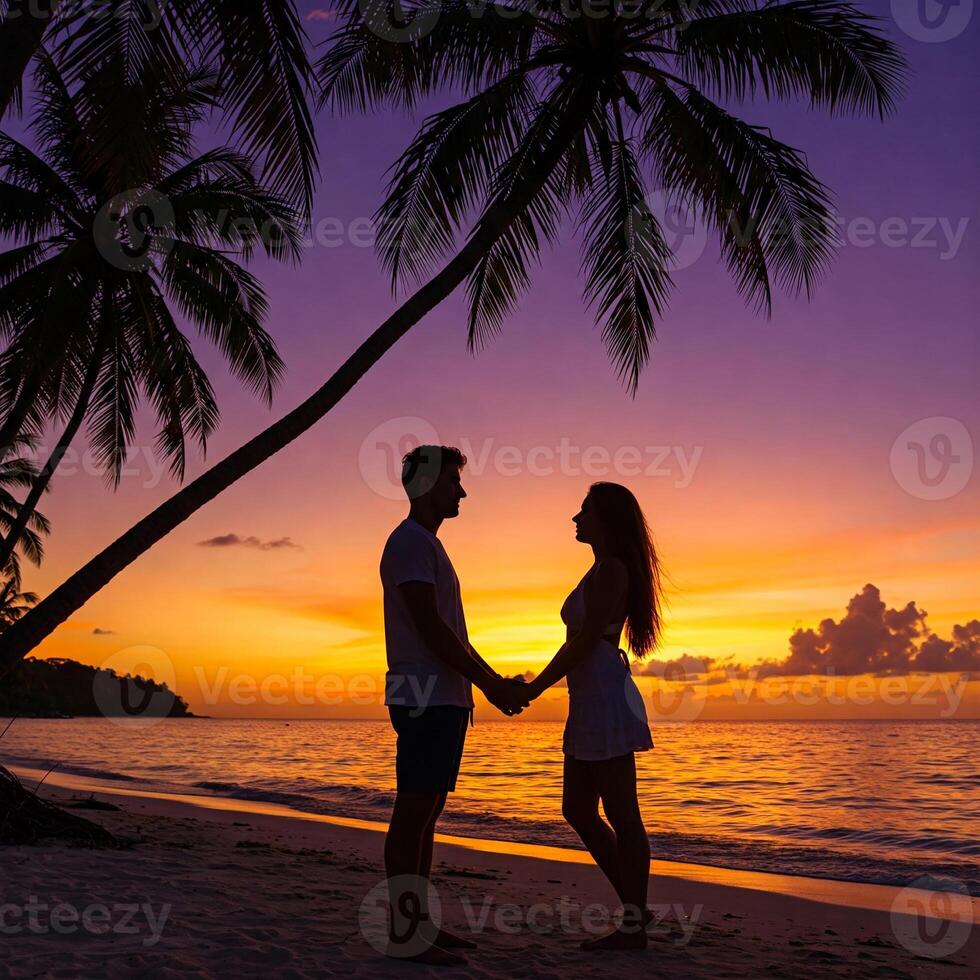 Silhouette couple holding hands on tropical beach at sunset, with palm trees framing vibrant sky. Feelings of love, vacation, honeymoon, engagement, propose marriage, romance travel, and lifestyle photo