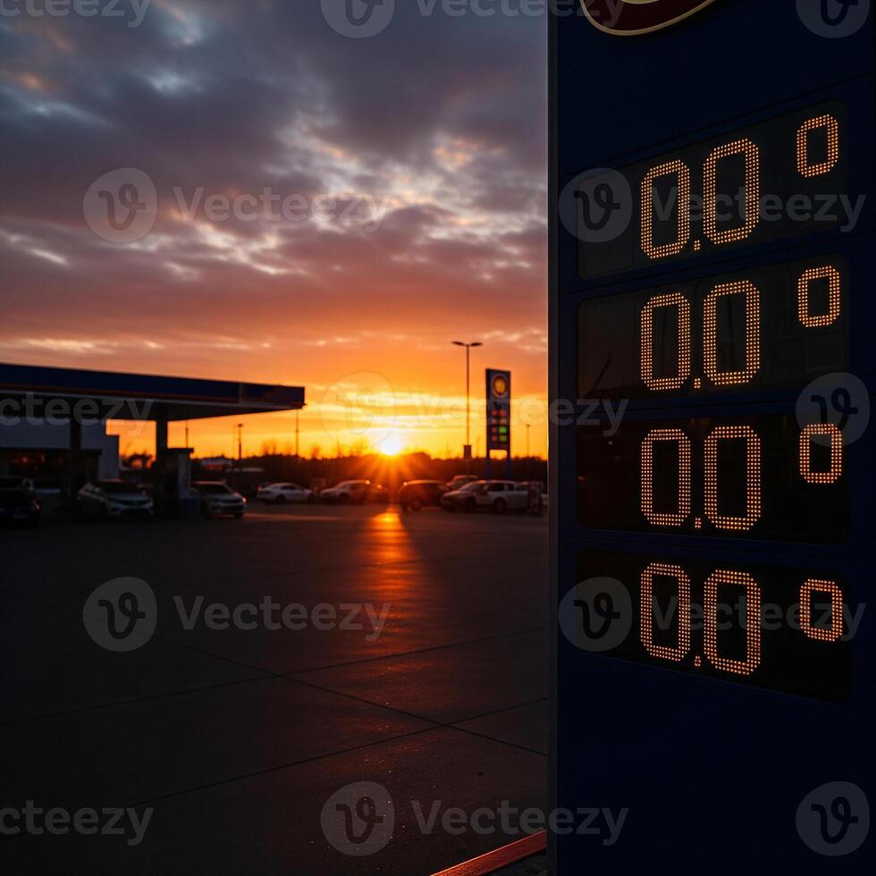 Vibrant sunset over gas station with display of fuel prices, with cars filling up with petrol. Energy market and road travel. Illustrating economics, transport, petrol prices, sunsets and city life. photo